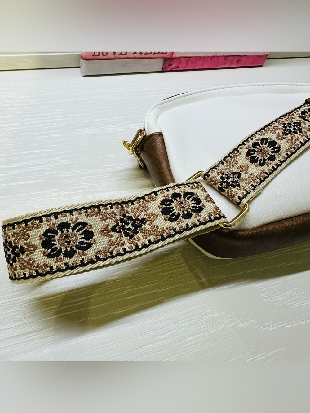 Women's White and Brown Crossbody Bag with Floral Jacquard Strap - Picture 3 of 10